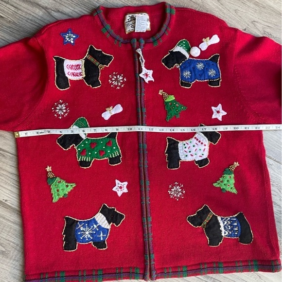 Vintage Christmas Sweater Scottish Terrier Dogs Zipper Front Red/Green SZ L - Picture 12 of 13